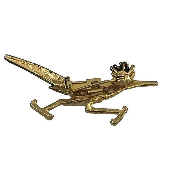 Vtg Gold Tone Brooch Pin Roadrunner Southwestern Bird Green Stone Eye 2" x 1" - Picture 5 of 5